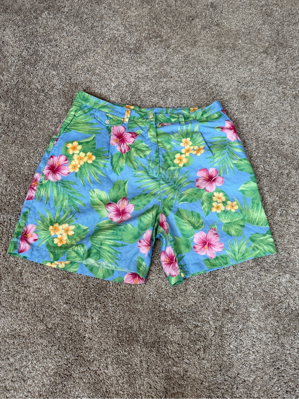 Lauren Ralph Lauren VTG 90s Blue Green Pink Tropical Linen Shorts 16 Floral Plus